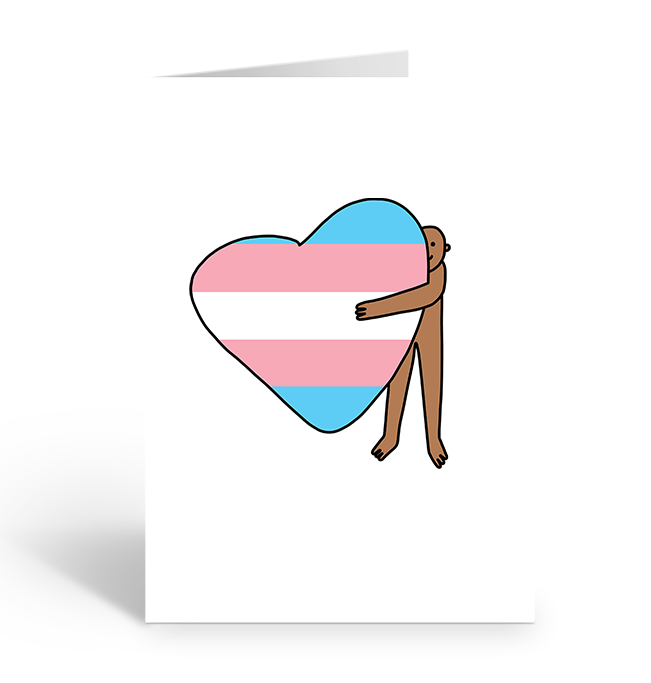 Person of colour hugging a trans pride flag coloured heart