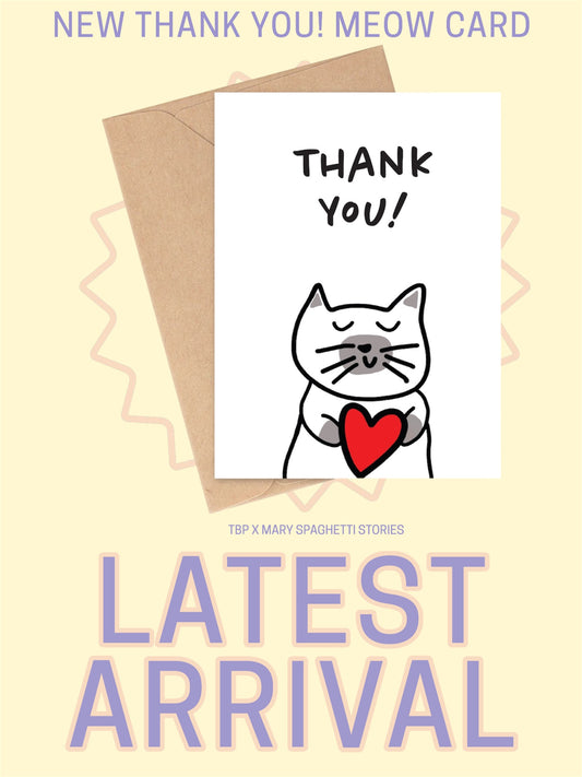 Card with a cat holding a red love heart illustration and text 'Thank You! Latest Arrival' on a beige background