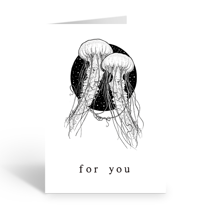Greeting card with black jellyfish illustration and 'for you' text on a white background