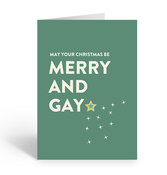 Green Christmas card with 'Merry and Gay' text and rainbow star on a white background