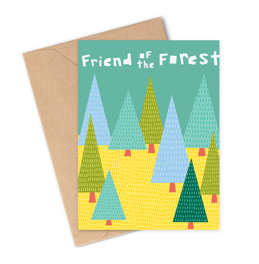 Greeting card with forest design and 'Friend of the Forest' text, featuring a brown envelope.
