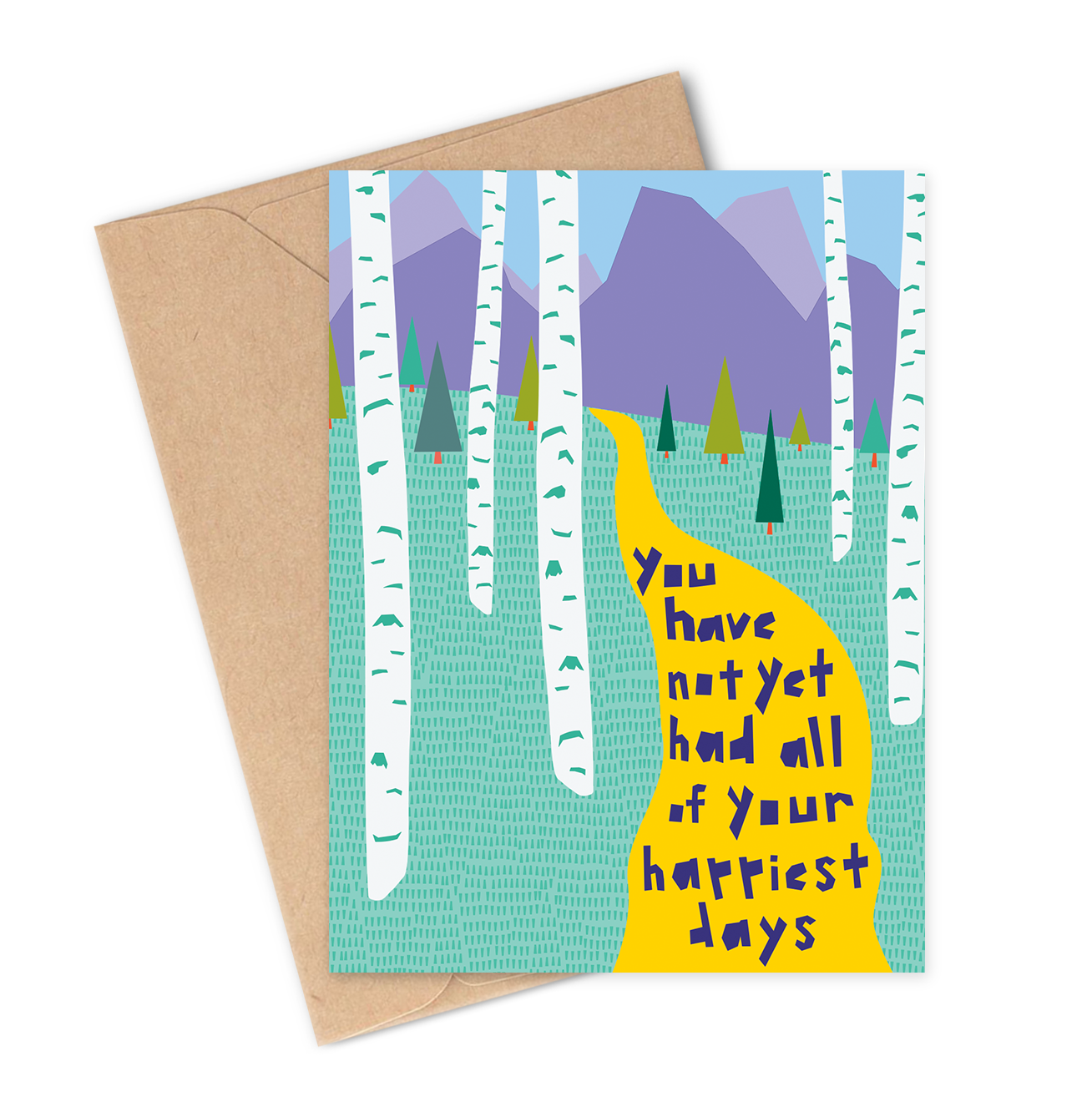 Greeting card with a yellow path through a forest and motivational text, featuring a brown envelope.