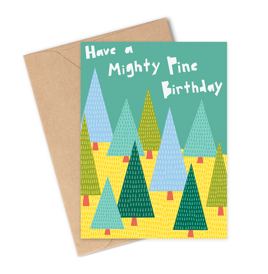 Birthday card with colourful trees and 'Mighty Fine Birthday' text, featuring a brown envelope.