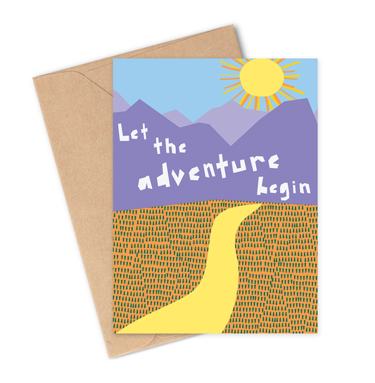 Greeting card with 'Let the adventure begin' text and sun illustration, brown envelope.