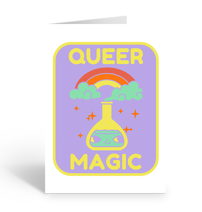 Card with 'Queer Magic' text, rainbow, and potion illustration on a purple background