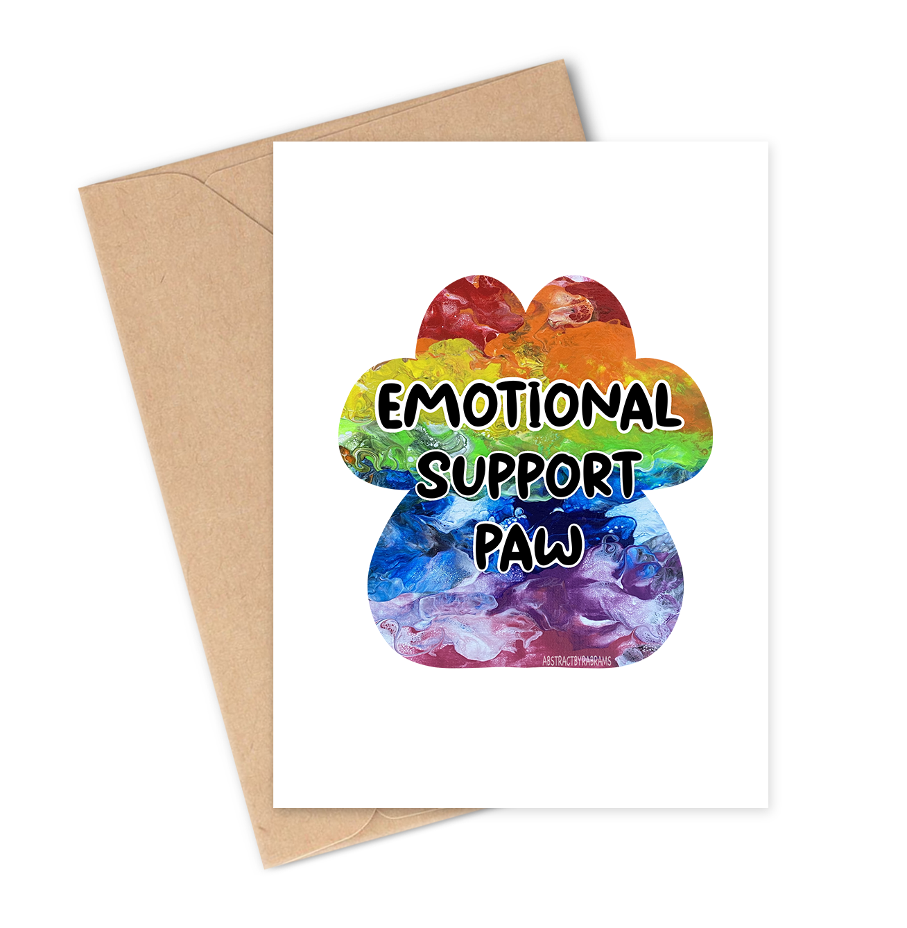 Greeting card with rainbow paw print and 'Emotional Support Paw' text on a white background