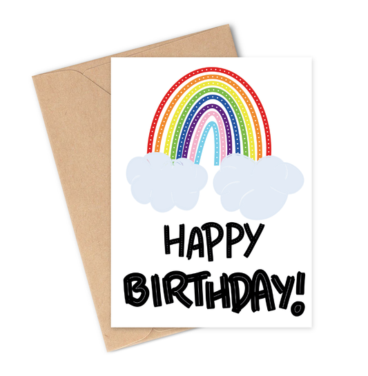 Birthday card with rainbow and clouds design on a white background with brown envelope.