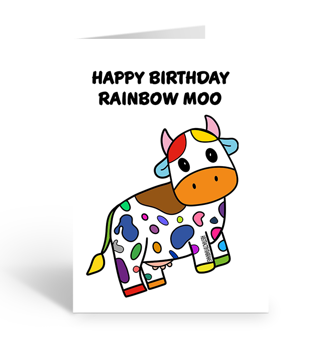 Colourful rainbow cow with text happy birthday rainbow moo