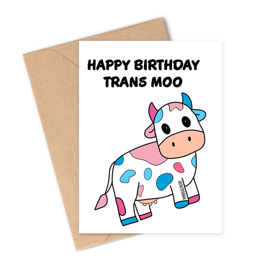 Birthday card with a colourful trans pride cow illustration and 'Happy Birthday Trans Moo' text on a white background and brown envelope.