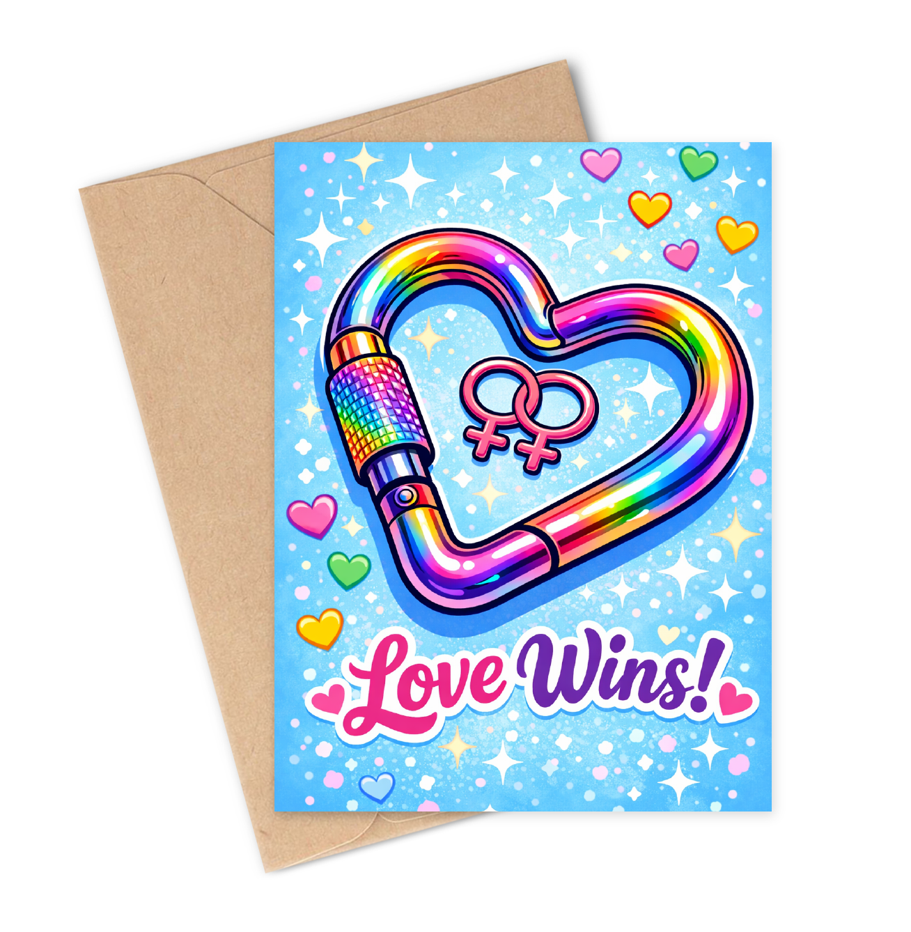 Greeting card with rainbow heart carabiner and 'Love Wins!' text on a blue background
