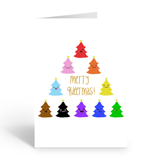 Merry Queermas Rainbow Smiley Face Tree Greeting Card