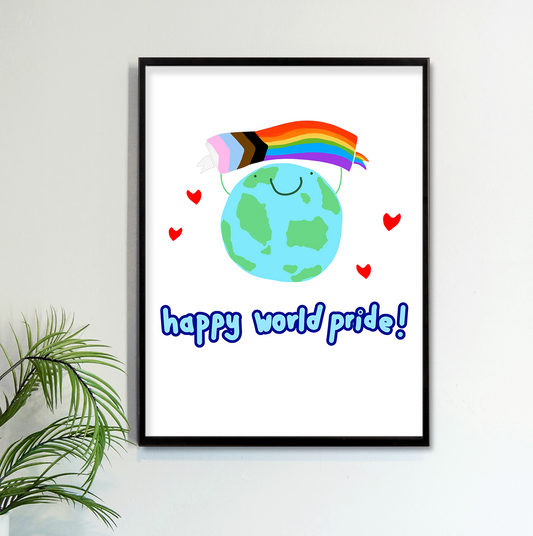 Happy World Pride Fine Art Print featuring trans, people of colour and rainbow flag colours.