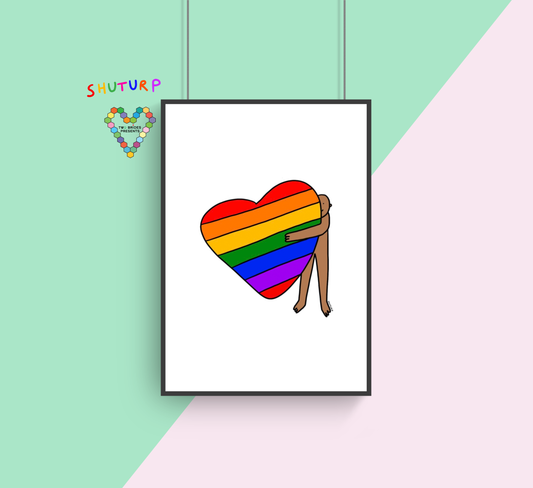 Rainbow Heart hugged by a person of colour
