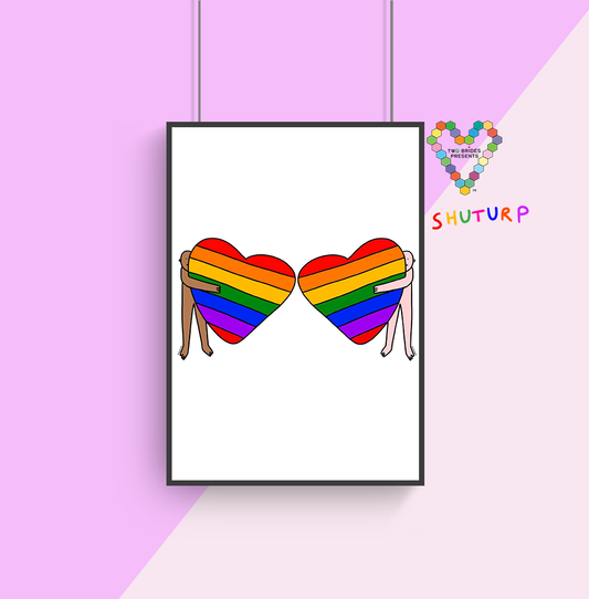 Rainbow Heart Hugs POC & Pinkie Pride A4 Fine Art Print.
