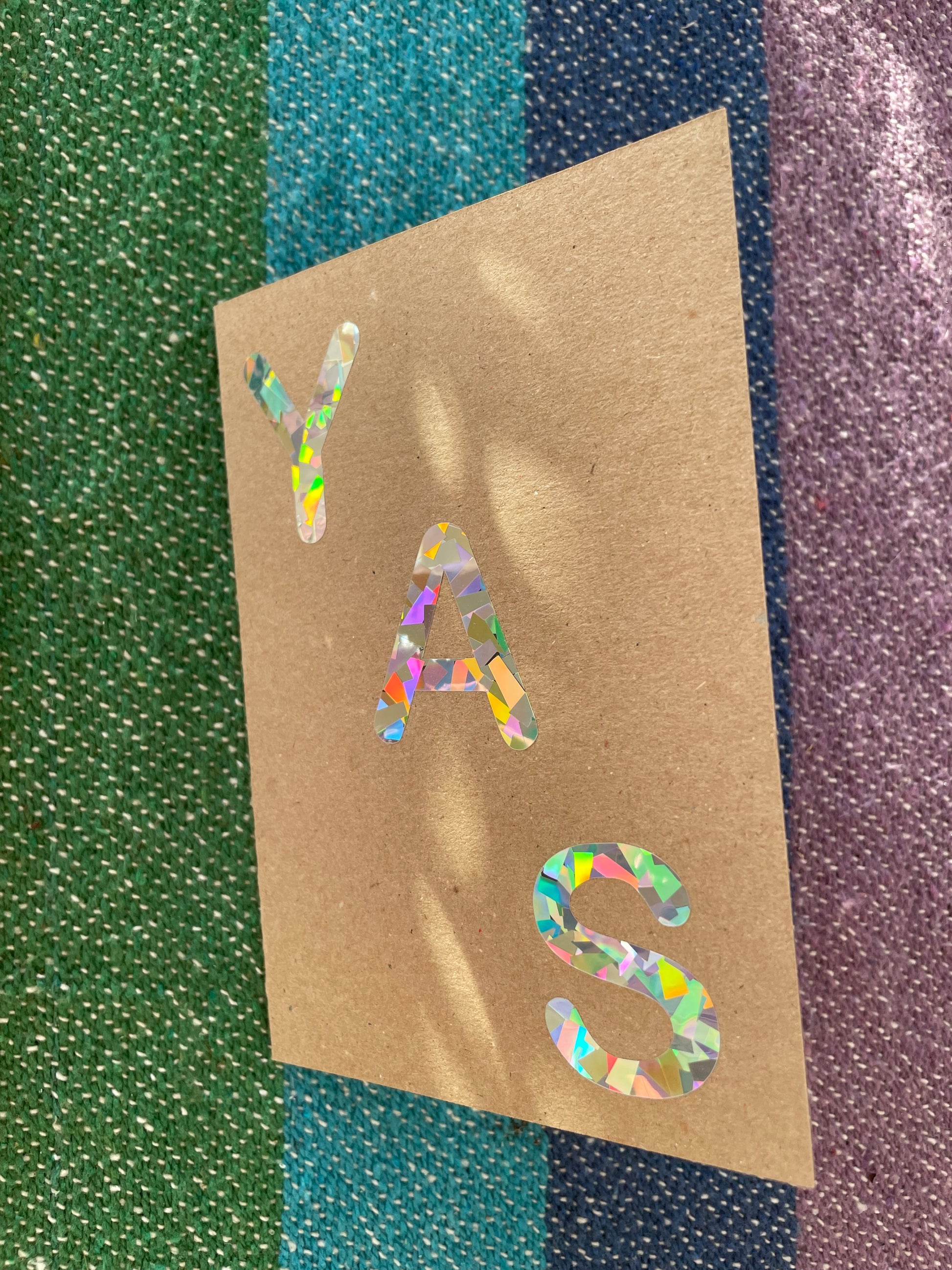 YAS HOLOGRAPHIC Greeting Card handcrafted with rainbow love on recycled Kraft card made locally in Australia