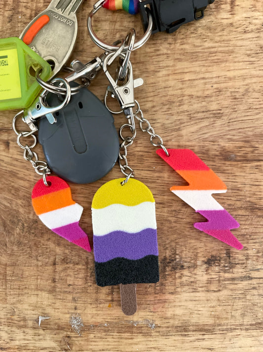 3D BFF Lesbian, Swirlpop Non-Binary, Lesbian Lightning Key chains