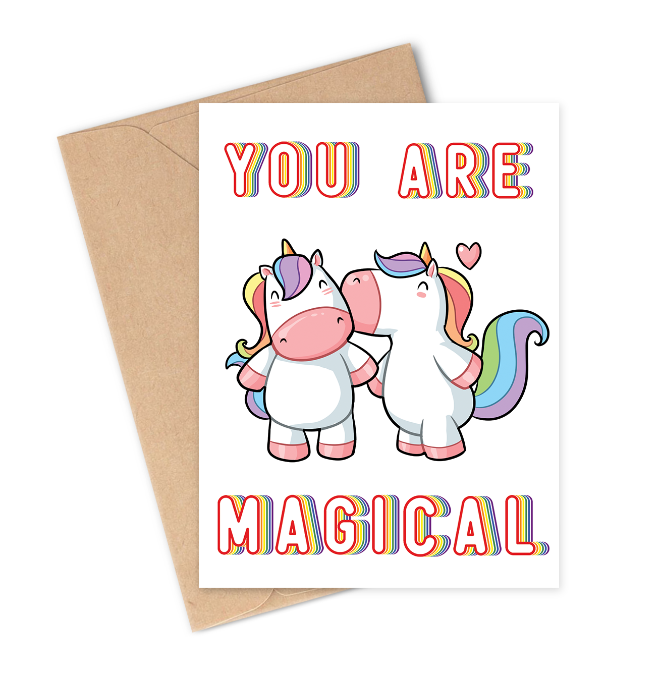 Greeting card with two cartoon unicorns and text 'YOU ARE MAGICAL' on a white background.