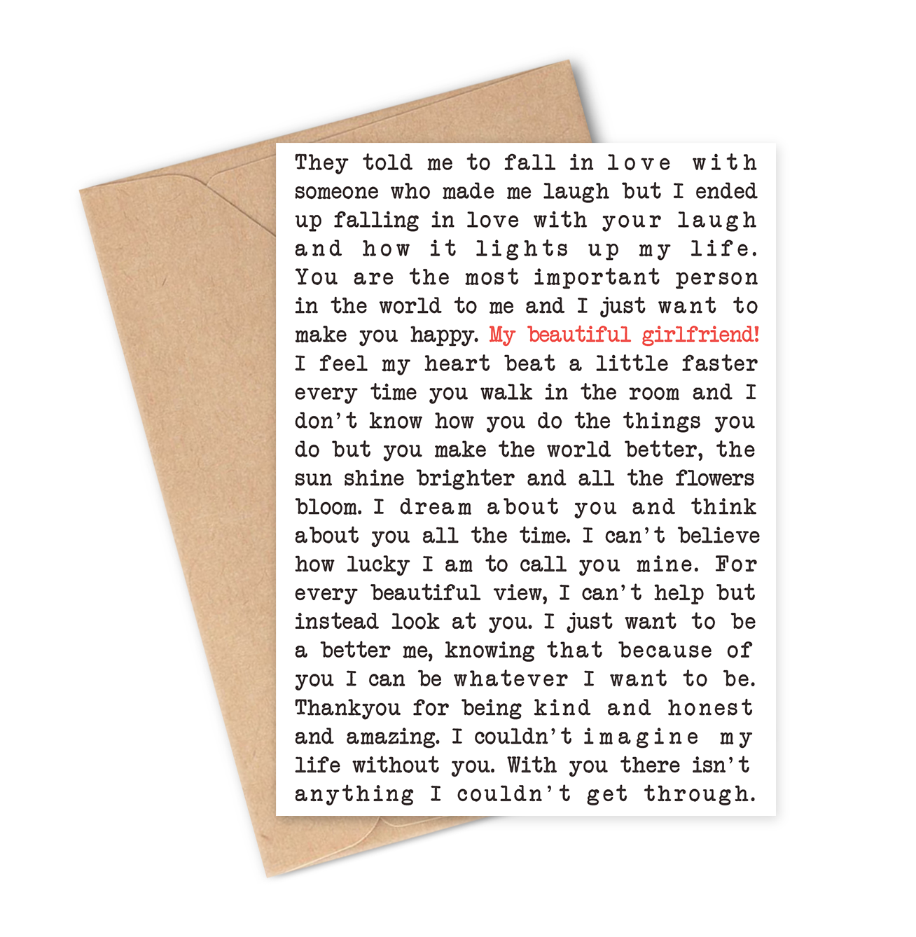Poetry Greeting card with a heartfelt poem to my beautiful girlfriend on a white background.