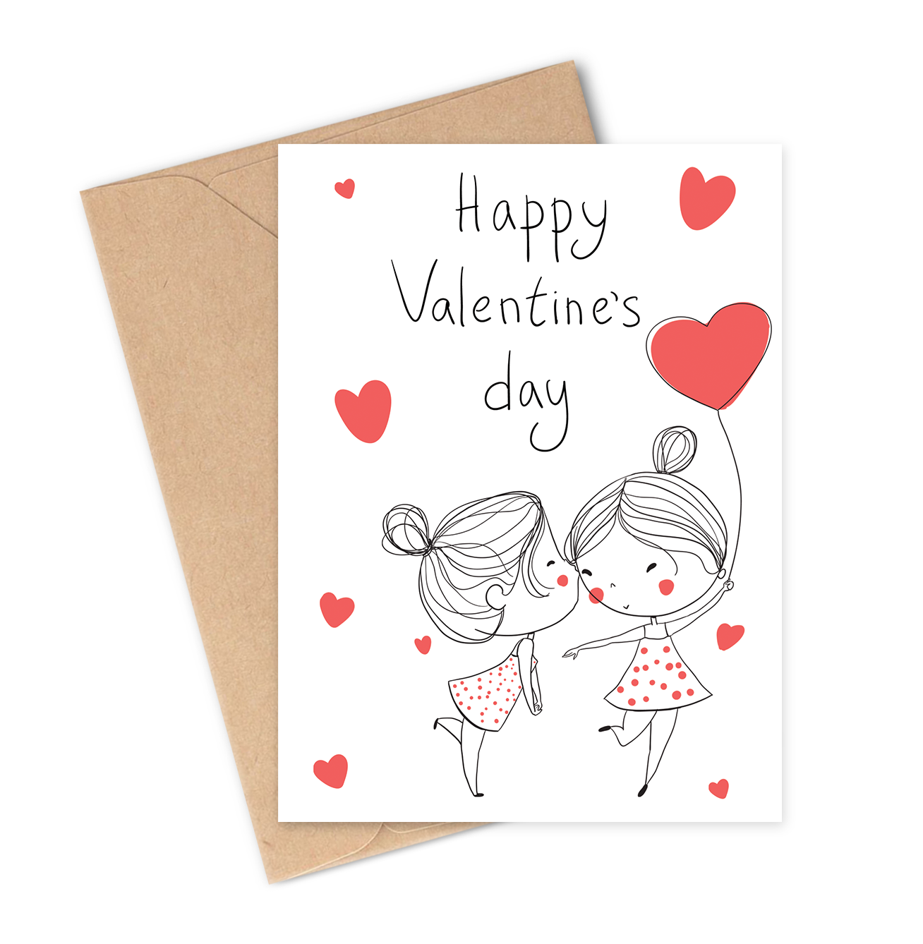 Valentine's Day card with two girls kissing and hearts, featuring a brown envelope.