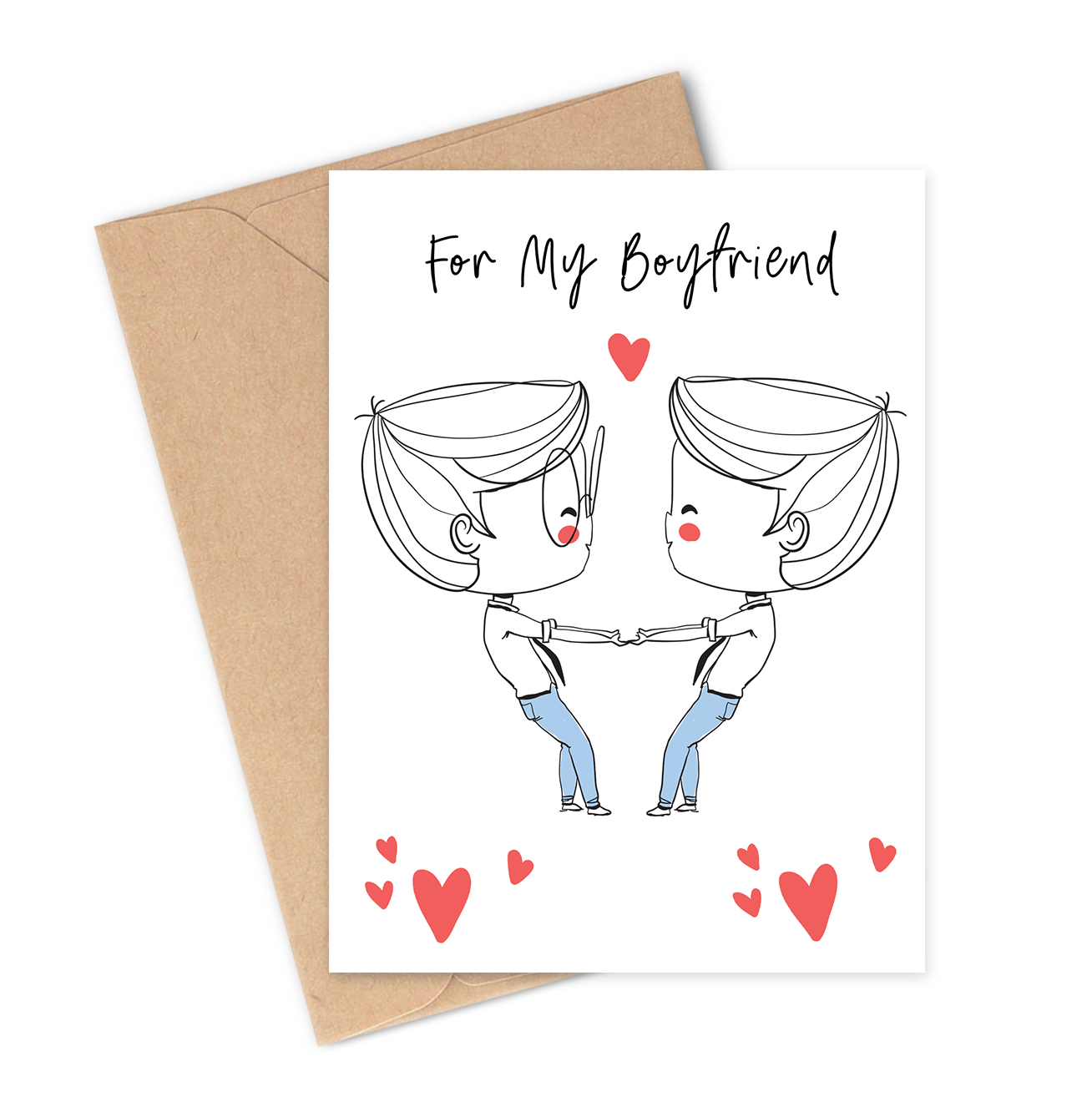 Greeting card for boyfriends with cartoon illustration of two people holding hands and hearts around, on a white background.