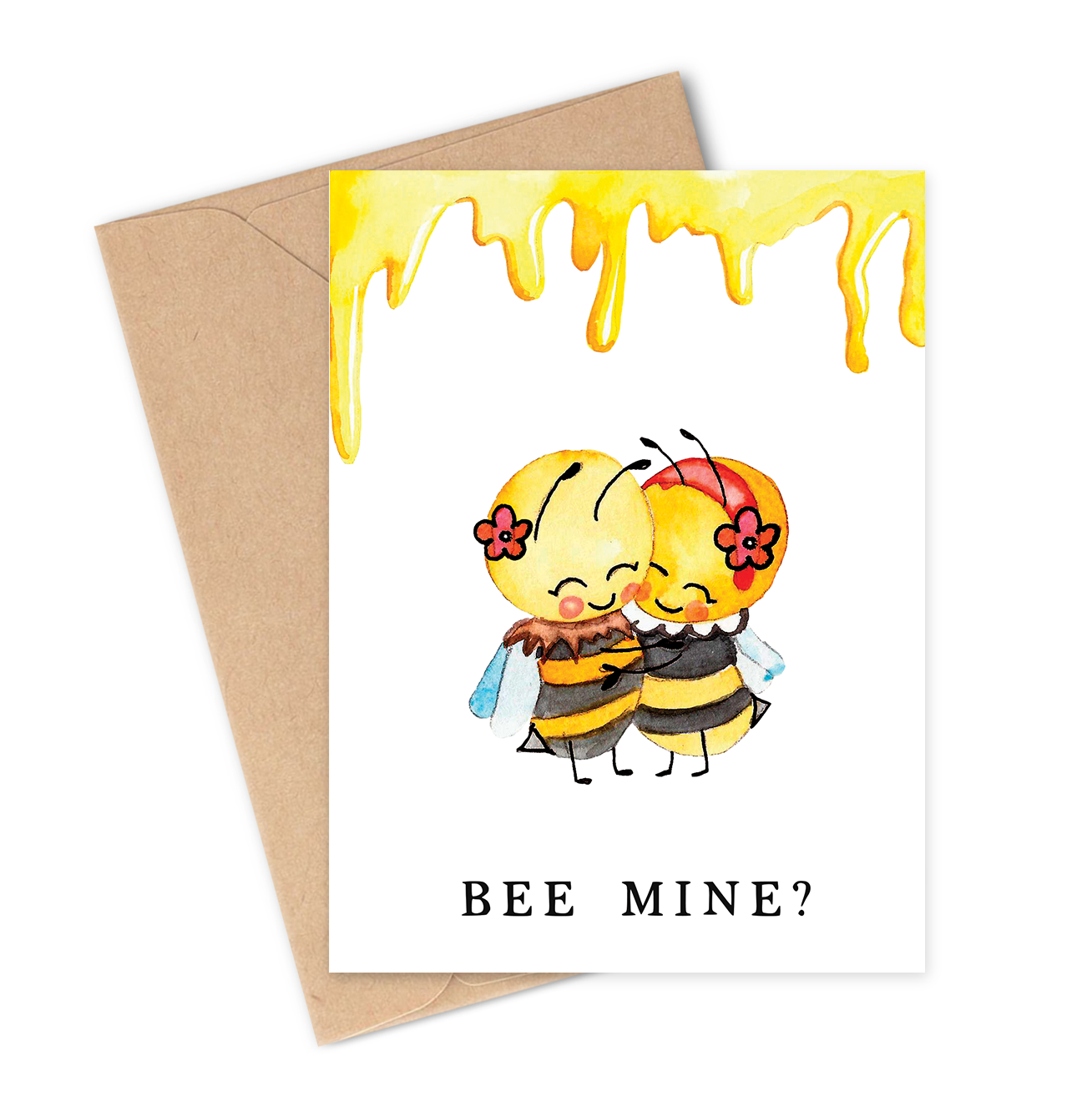 Greeting card with two bees hugging and the text 'BEE MINE?' on a white background with a brown envelope.