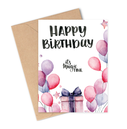 Birthday card with balloons and gift, featuring 'Happy Birthday it's magic time' text.