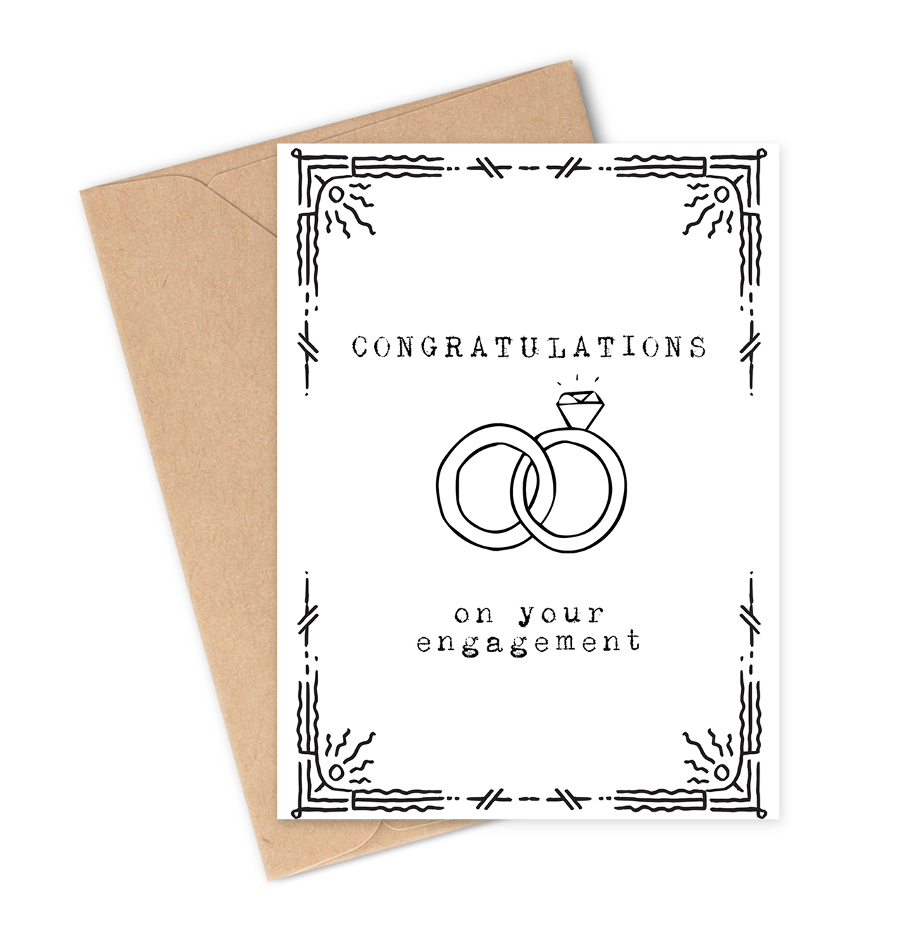 Engagement card with two interlocking rings and 'Congratulations on your engagement' text, featuring a brown envelope.