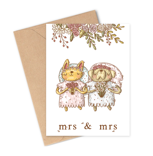 Card with two animals - cat and dog in wedding attire and 'mrs & mrs' text, with a brown envelope.