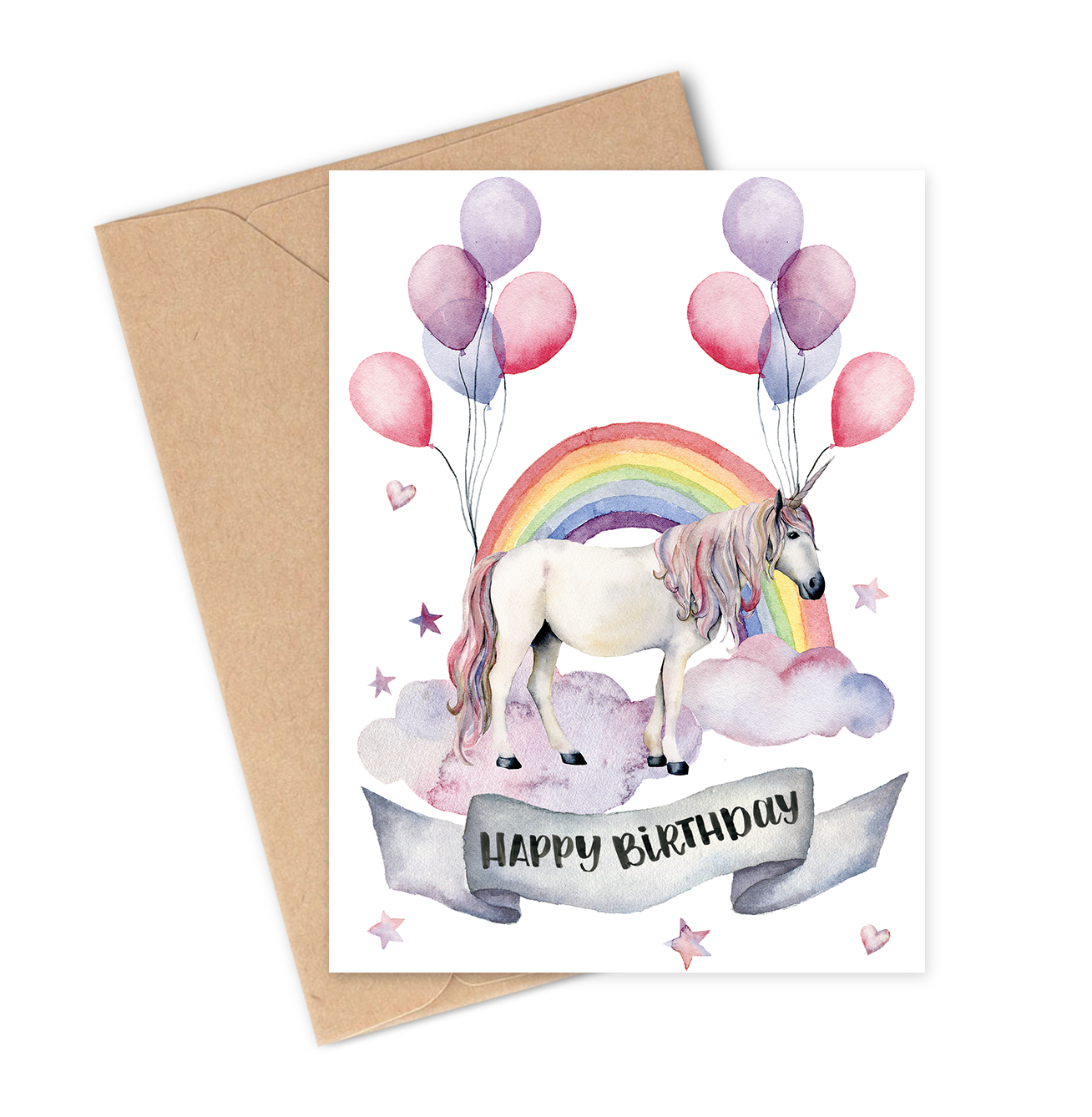 Birthday card with a unicorn, rainbow, and balloons on a white background