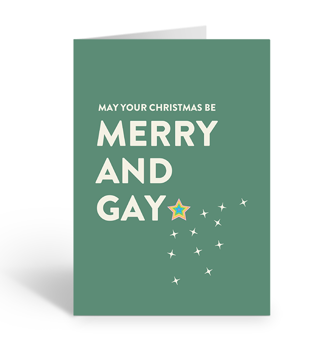 Green Christmas card with 'Merry and Gay' text and rainbow star on a white background
