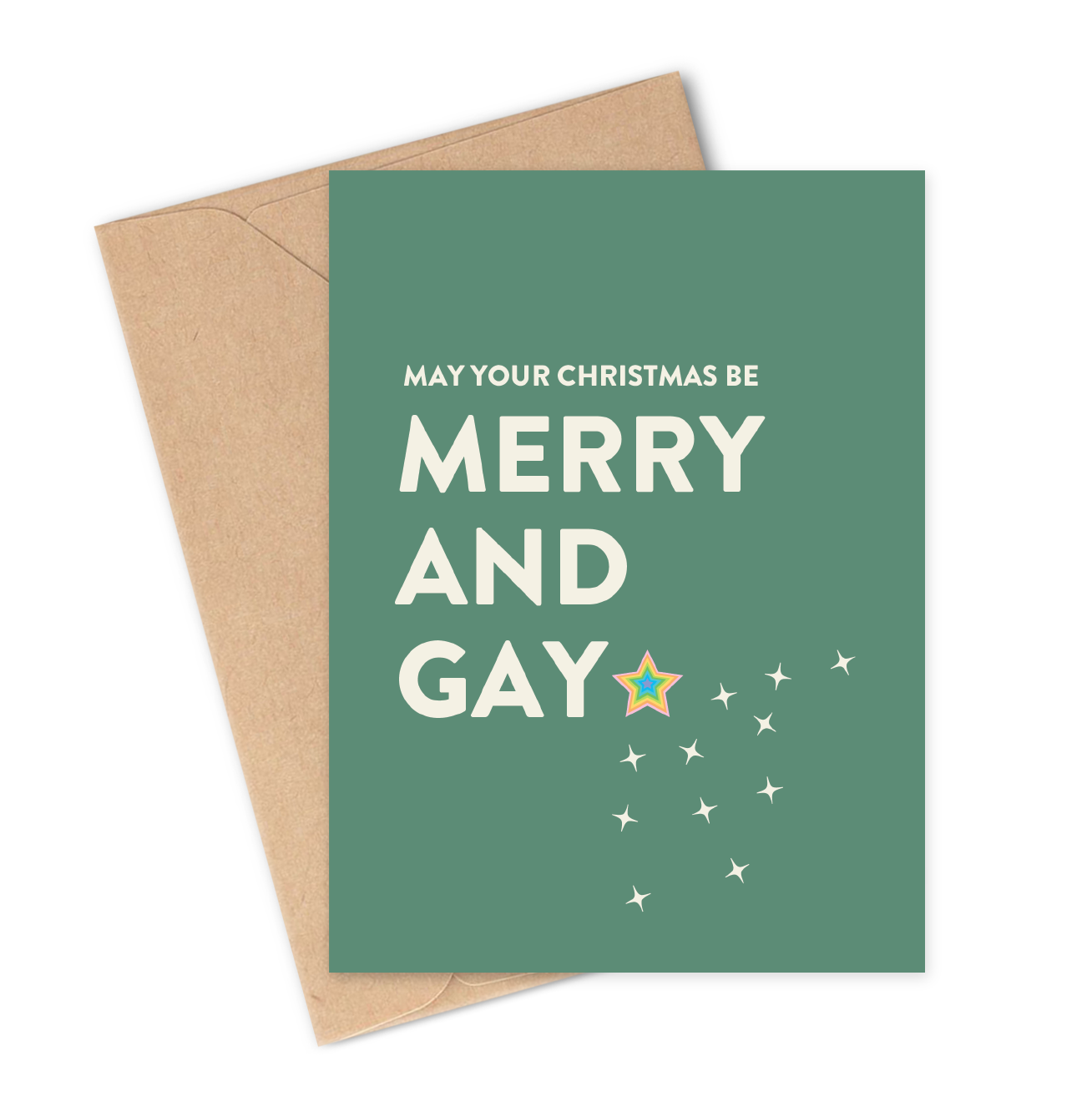 Green card with 'Merry and Gay' text and a rainbow star, brown envelope on white background