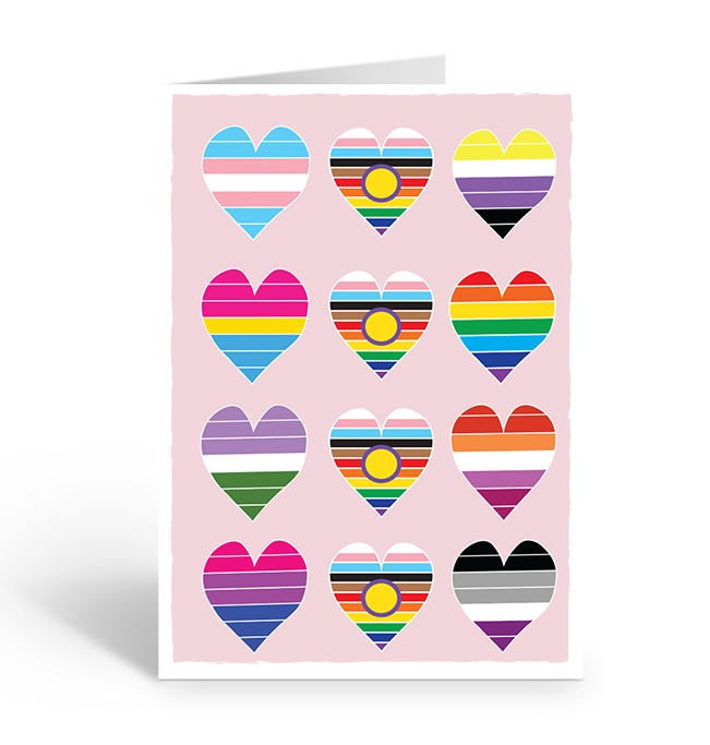 Card with LGBTQIAPN+ pride flag coloured hearts - queer, intersex, progress pride, rainbow, trans, non-binary, lesbian, bisexual, gay, asexual, pansexual, asexual
