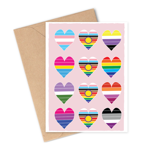 Greeting card with LGBTQIAPN+ Pride flag colours - queer, trans, non-binary, lesbian, bisexual, pansexual, asexual, intersex, progress pride, people of colour and rainbow heart designs featuring a kraft envelope.