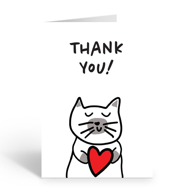 Card with a cat illustration holding a big red heart and 'Thank You!' text on a luxe recycled card