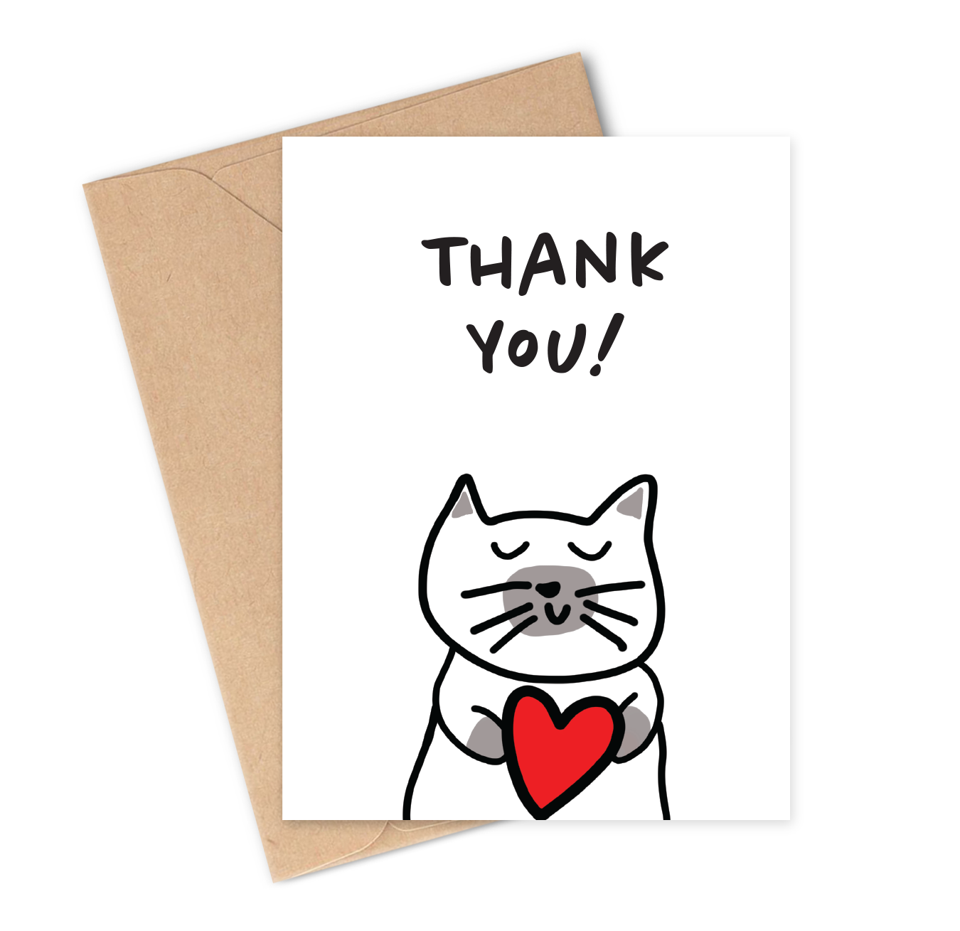 Greeting card with a cat holding a big red heart and 'THANK YOU!' text, accompanied by a kraft envelope.