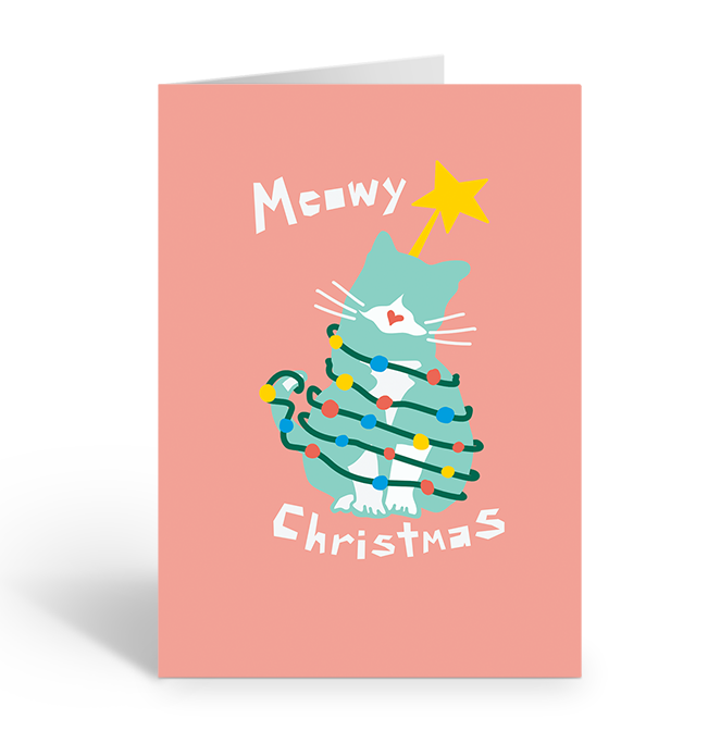 Christmas card with a cat tree design wrapped in fairy lights and 'Meowy Christmas' text on a pink background