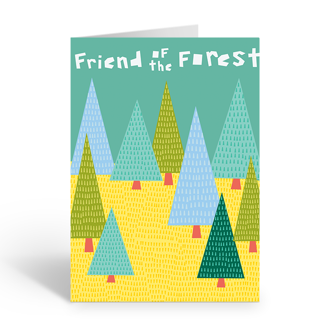 Greeting card with colourful tree design and 'Friend of the Forest' text on a teal background