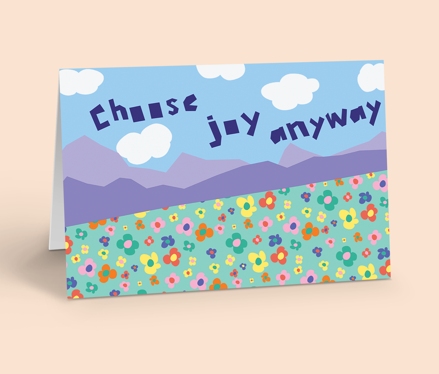Card with 'Choose joy anyway' text and colourful floral design on a blue sky background