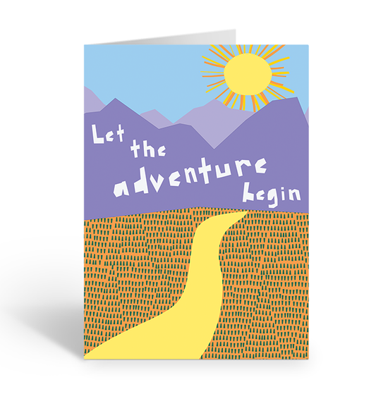 Greeting card with mountain landscape and sun, featuring the text 'Let the adventure begin'.