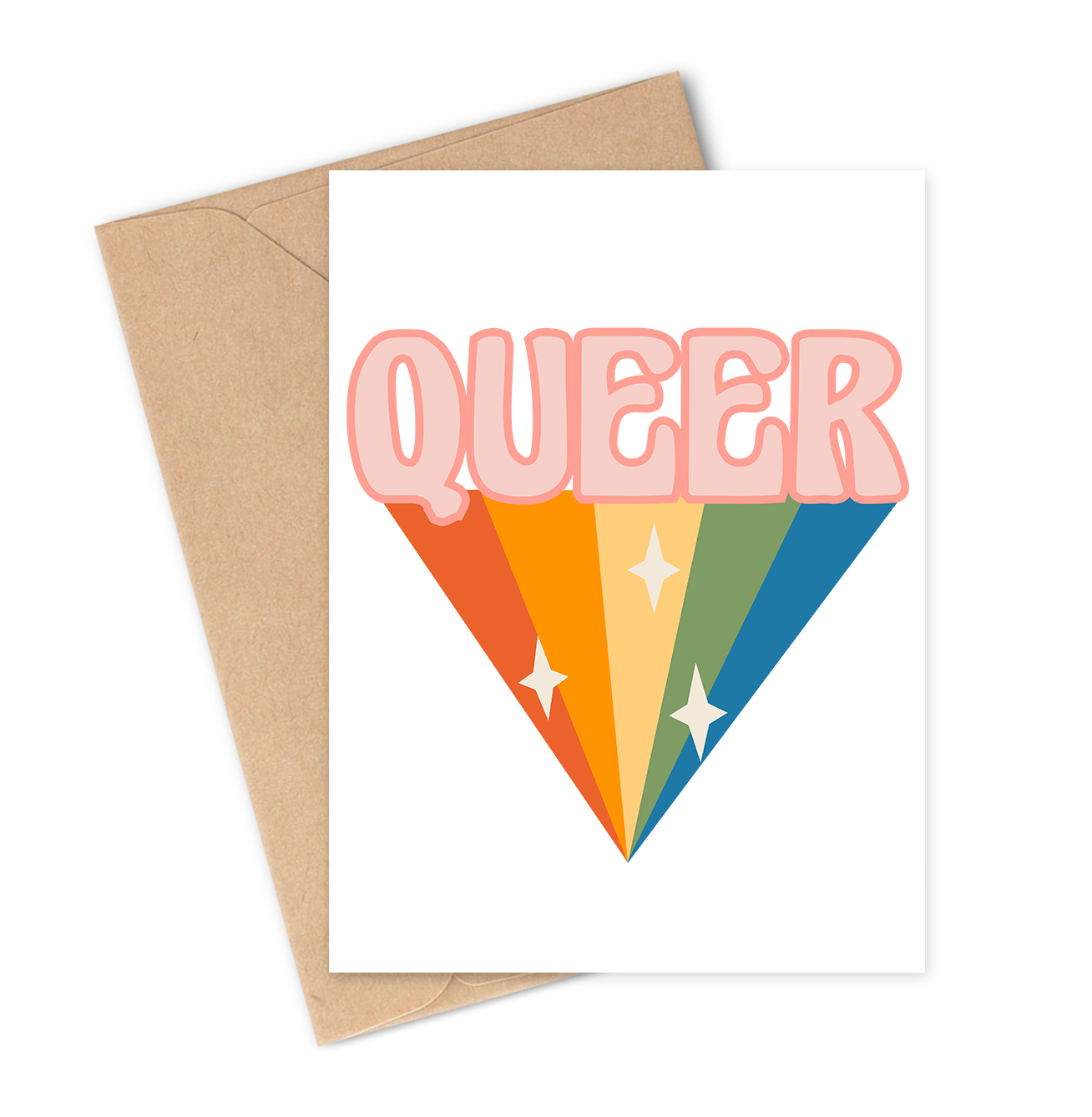 Greeting card with 'QUEER' text and rainbow design on a white background