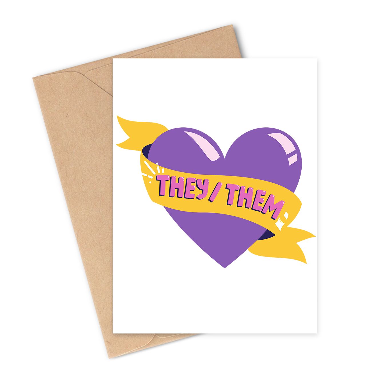 Card with a purple heart and 'THEY/THEM' text on a white background with brown envelope