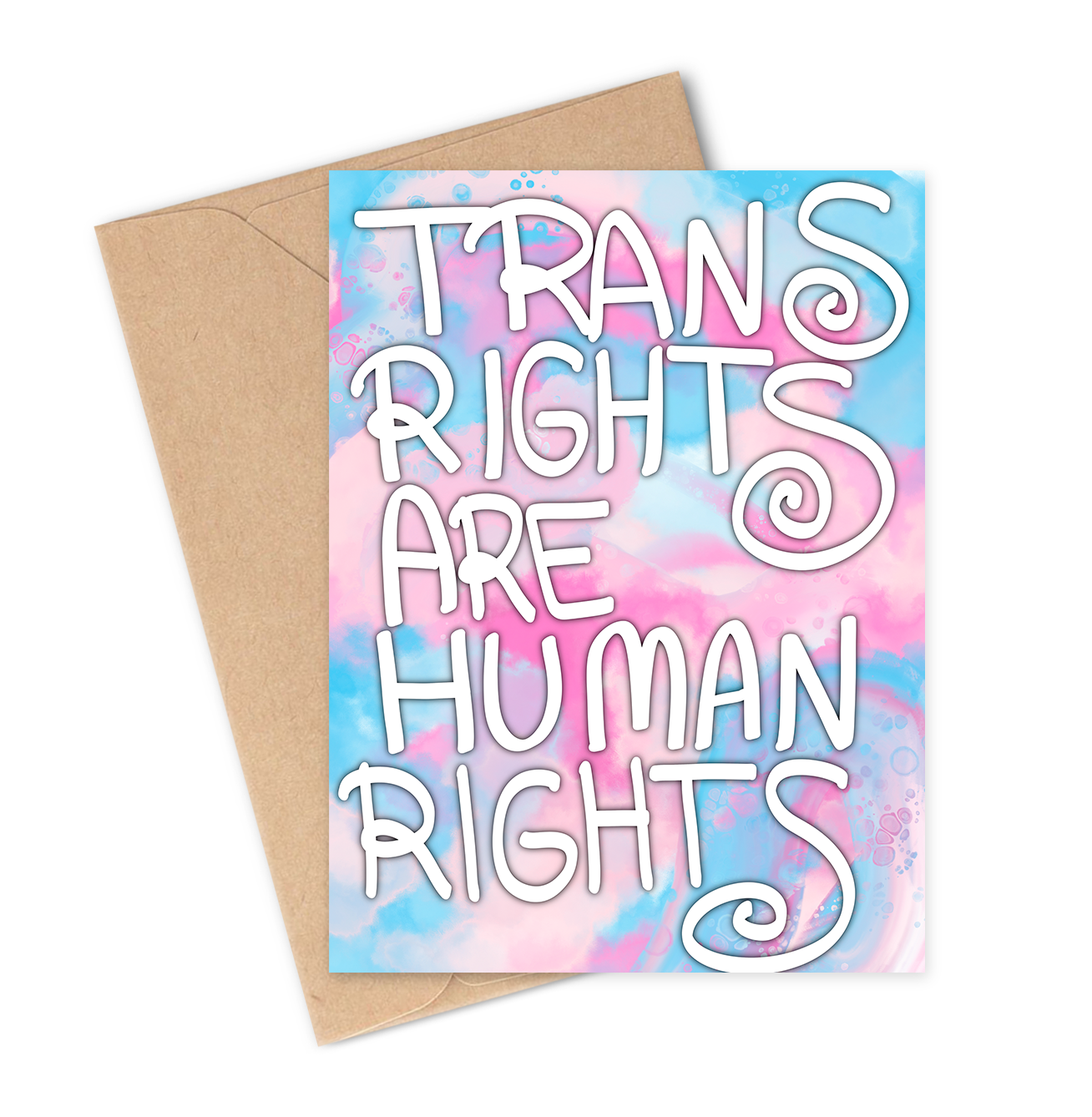 Card with 'Trans Rights Are Human Rights' text on a tie-dye trans pride flag colour background with a brown envelope.