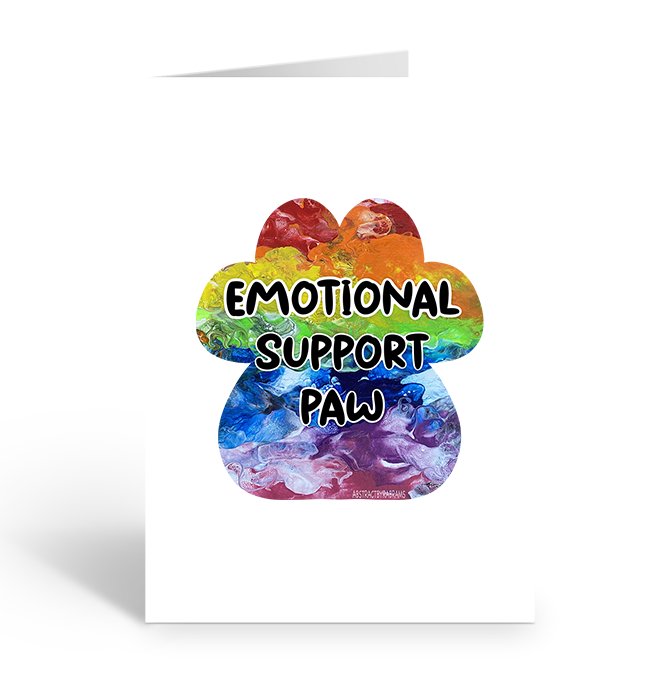 Colourful rainbow paw-shaped sign with 'Emotional Support Paw' text on a white background