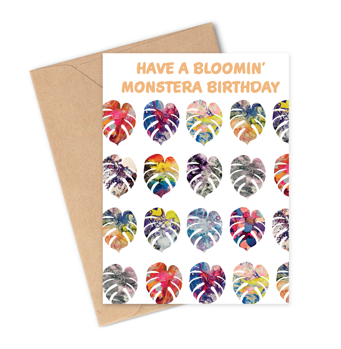 Have a bloomin' monstera birthday featuring pride flag coloured plants with brown envelope.