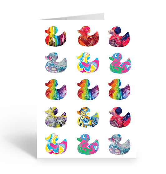 Greeting card with colourful pride duck illustrations featuring pride flag colours - progress pride, trans, lesbian, bisexual, pansexual, polysexual, rainbow, aroace and non-binary on a white background.