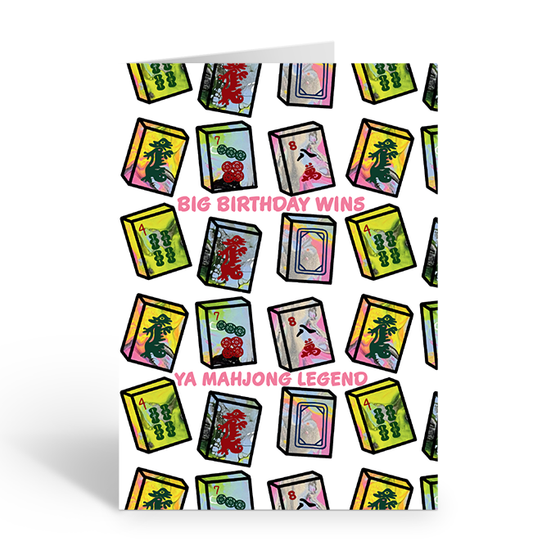Greeting card with mahjong design and 'Big Birthday Wins, Ya Mahjong Legend' text on a white background. 