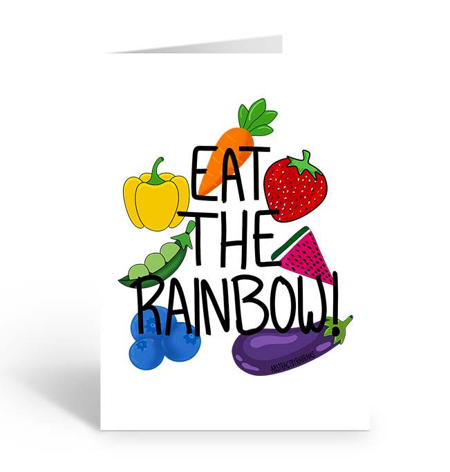 Card with colourful fruits and vegetables arranged to spell 'Eat the Rainbow' on a white background.