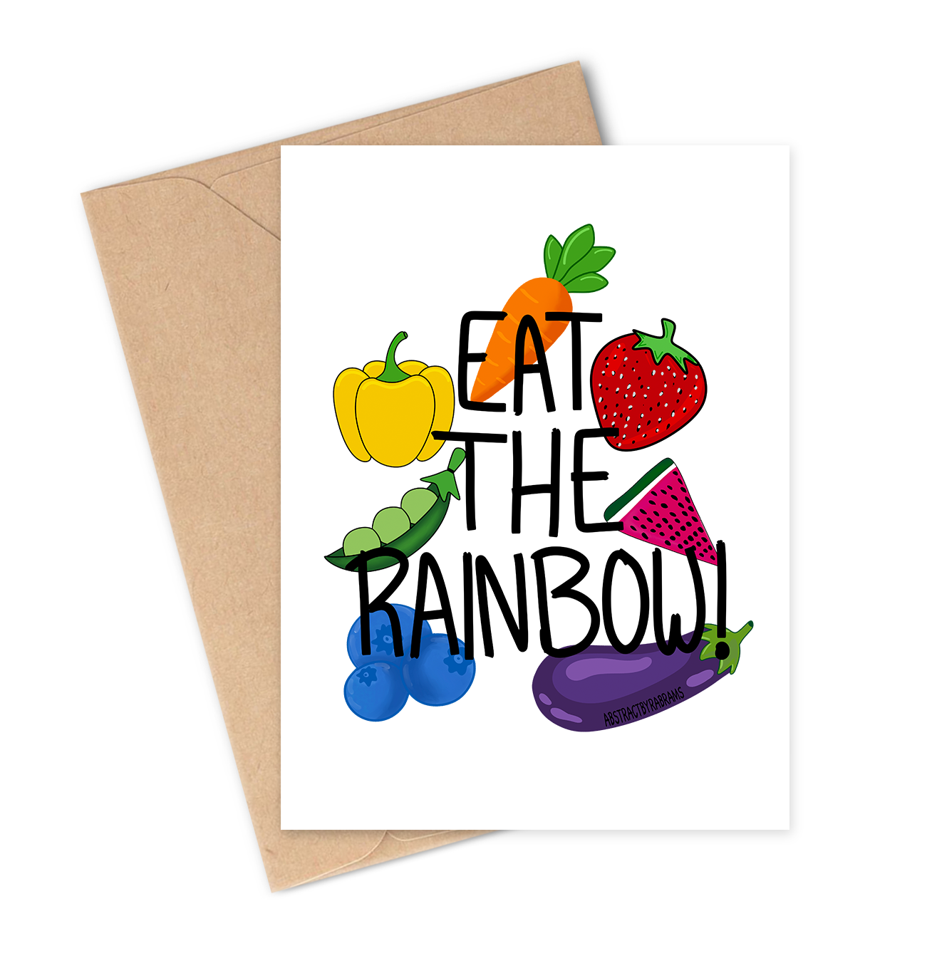 Greeting card with colourful fruits and vegetables and 'Eat the Rainbow!' text, accompanied by a brown envelope.