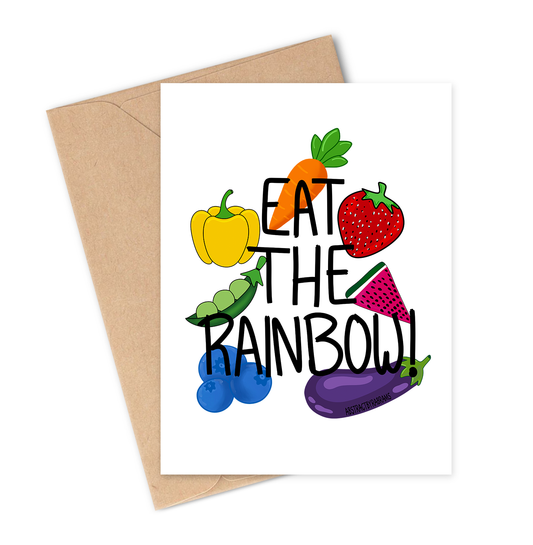 Greeting card with colourful fruits and vegetables and 'Eat the Rainbow!' text, accompanied by a brown envelope.