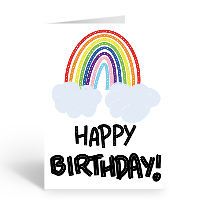 Happy Birthday Greeting card with a rainbow and clouds design on a white background